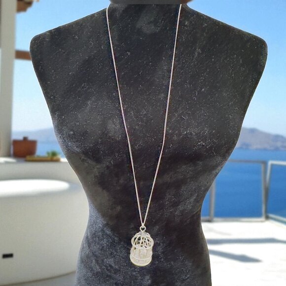 Silver Birdcage Pendant Necklace With Delicate Chain Unique Vintage Accessory - Picture 4 of 13